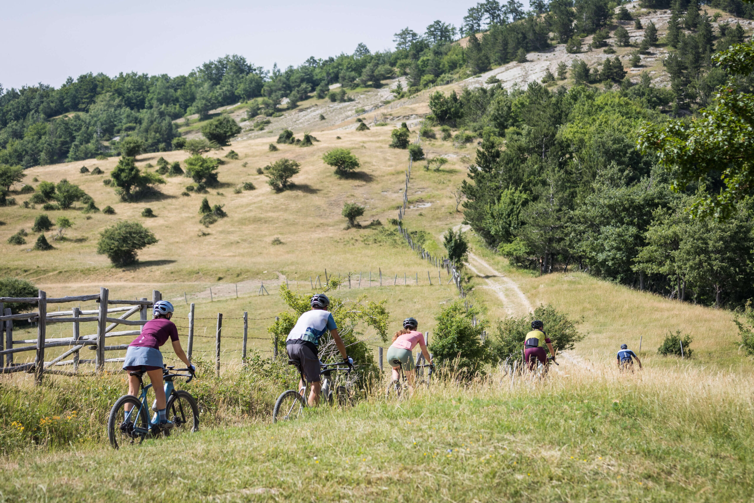 Gruppo di ciclisti gravel pedala tra prati e sentieri panoramici nelle Foreste Casentinesi durante Unpaved Roads.
